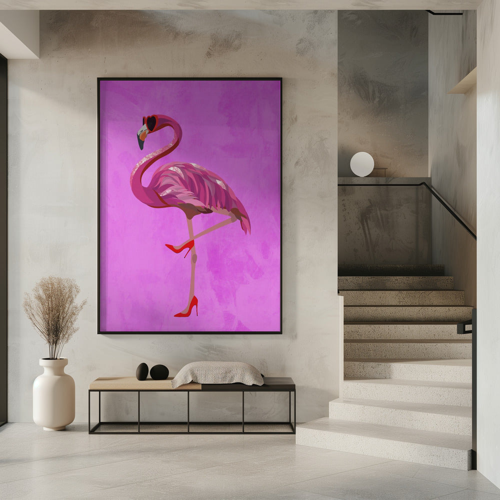 Flamingo in heels and heart glasses pink Poster