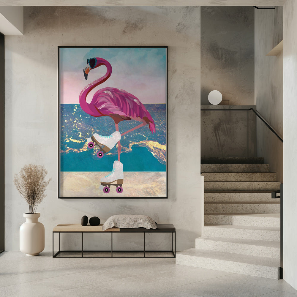 Flamingo rollerskating on the beach Poster