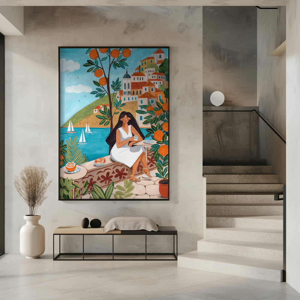 Travel poster woman in Mediterranean coast Poster