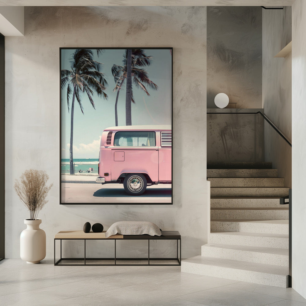 Pink Bus By the Beach Poster