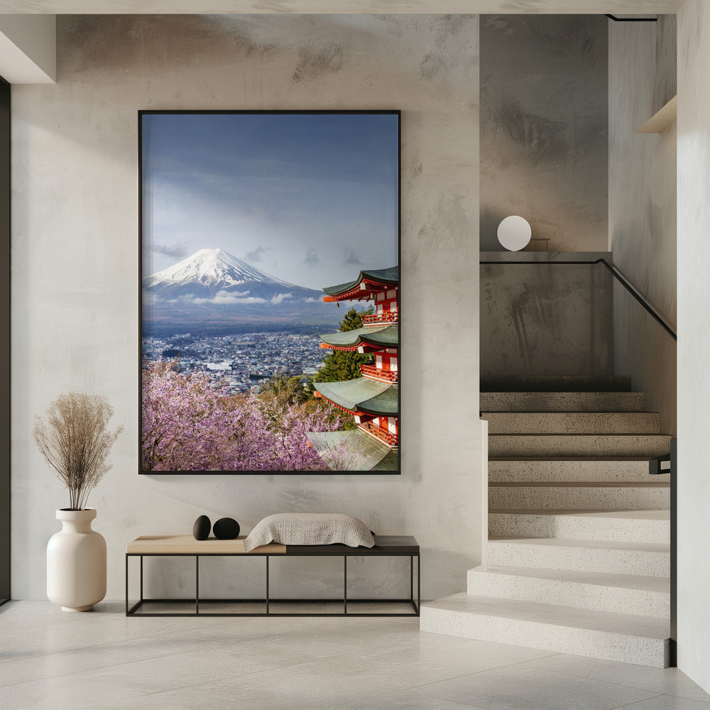 Unique view of Mount Fuji with Chureito Pagoda during cherry blossom season Poster