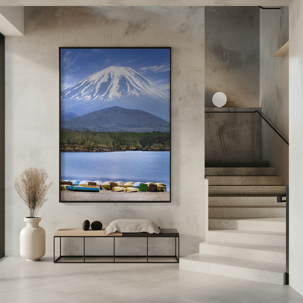 Picturesque Lake Shoji with striking Mount Fuji Poster