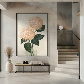 Coral hydrangeas in a vase Poster