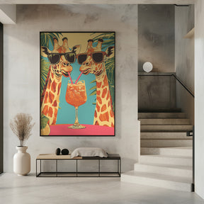 Giraffes Sharing a Drink Poster