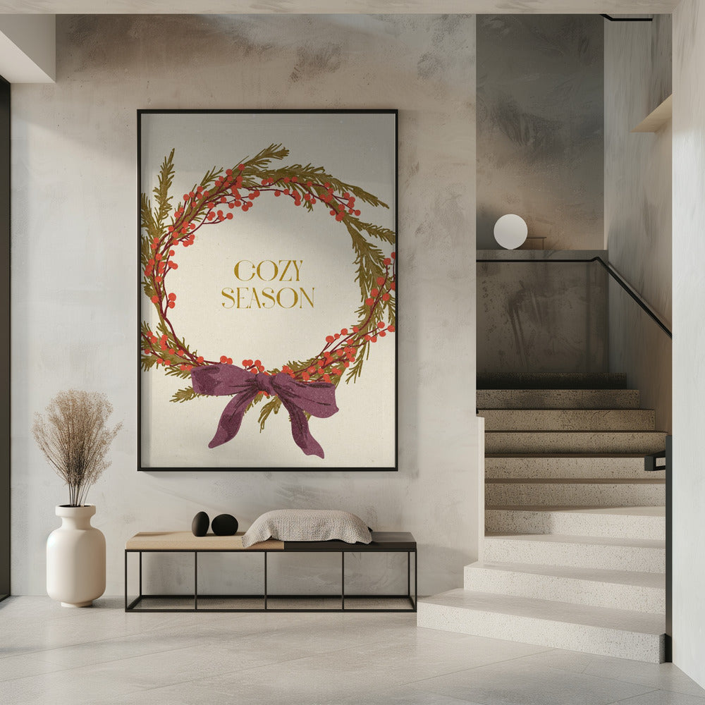 Cozy Season. Christmas wreath with bow Poster