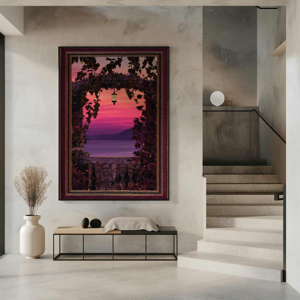 Sunset view with ornate &amp; gold burgundy frame Poster