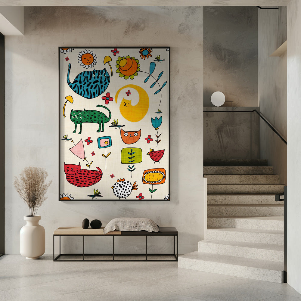 Spring Cat Beige - Cute Whimsical Cats with Flowers Poster