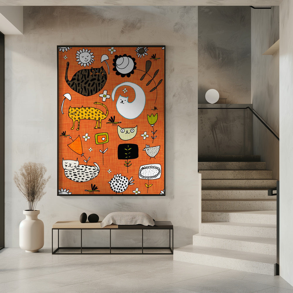 Spring Cat Orange - Cute Whimsical Cats with Flowers Poster