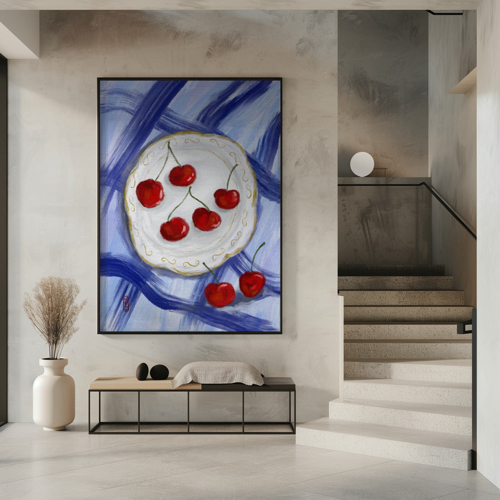 A Plate of Cherries Food Painting Poster