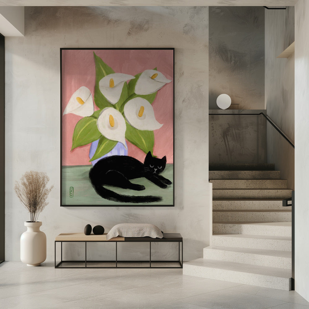 Lilies In a Vase and a Black Cat  - Still Life Illustration Poster