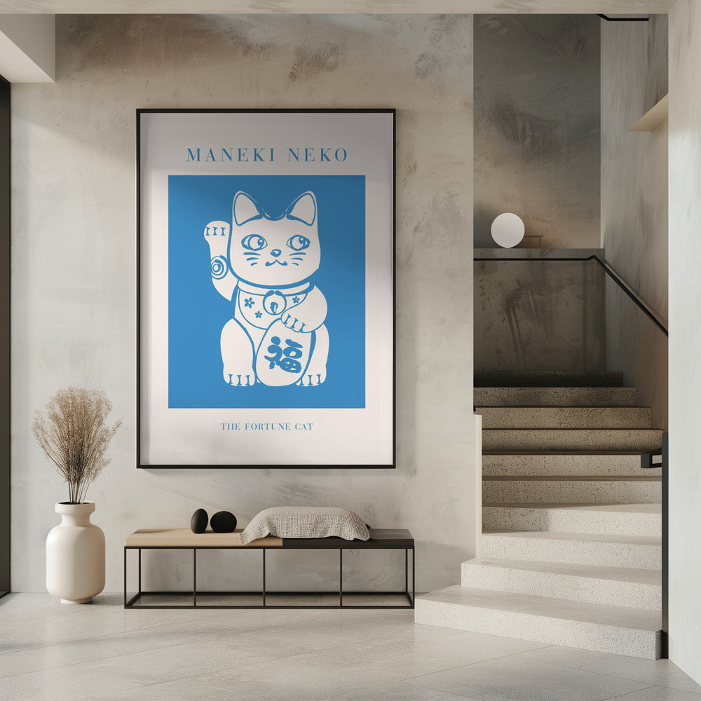 Maneki-neko Cat Blue Poster