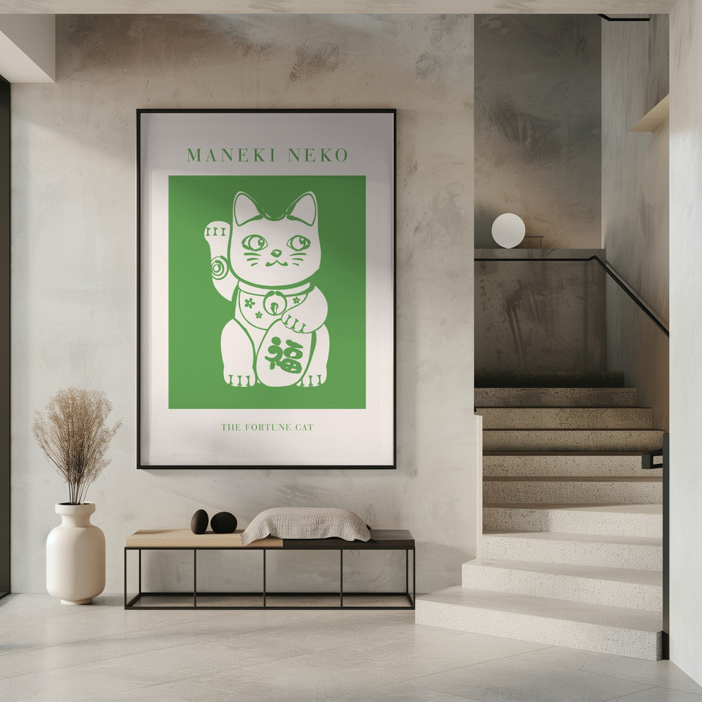 Maneki-neko Cat Green Poster