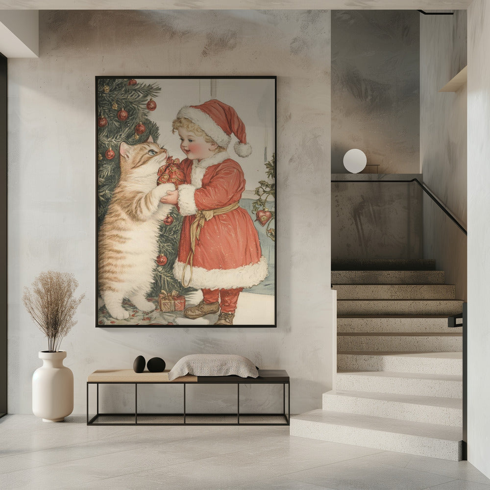 Christmas Kid and Cat Poster