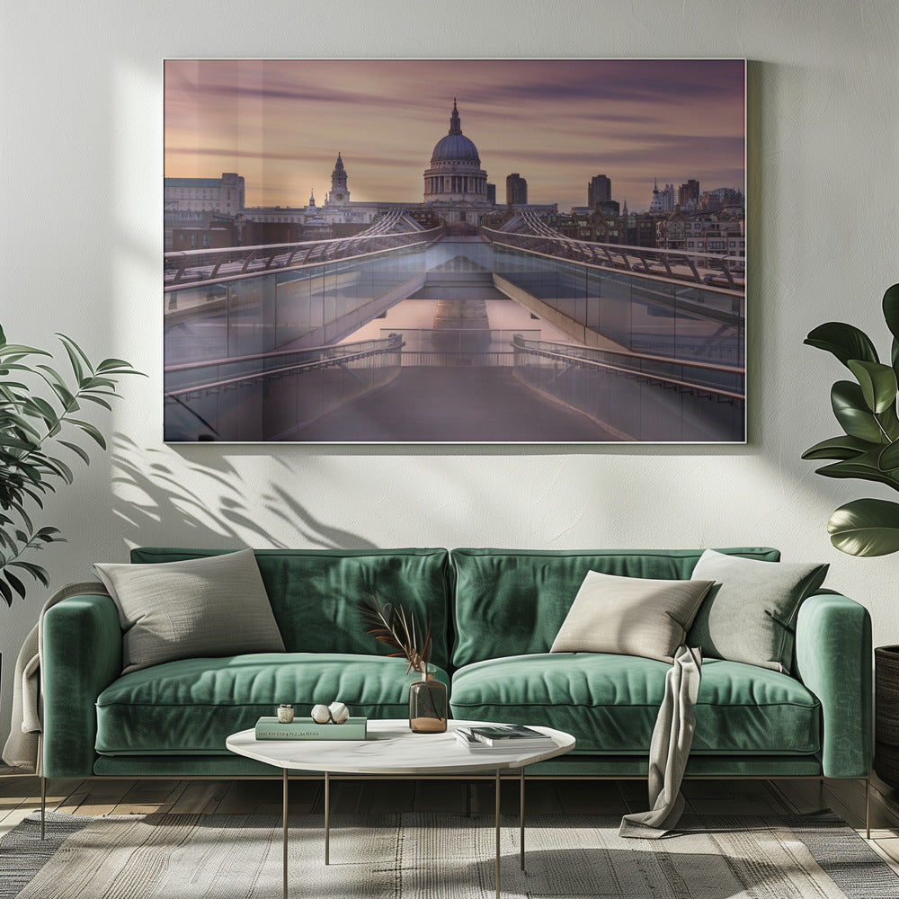 Millennium bridge leading towards St. Paul's church Poster