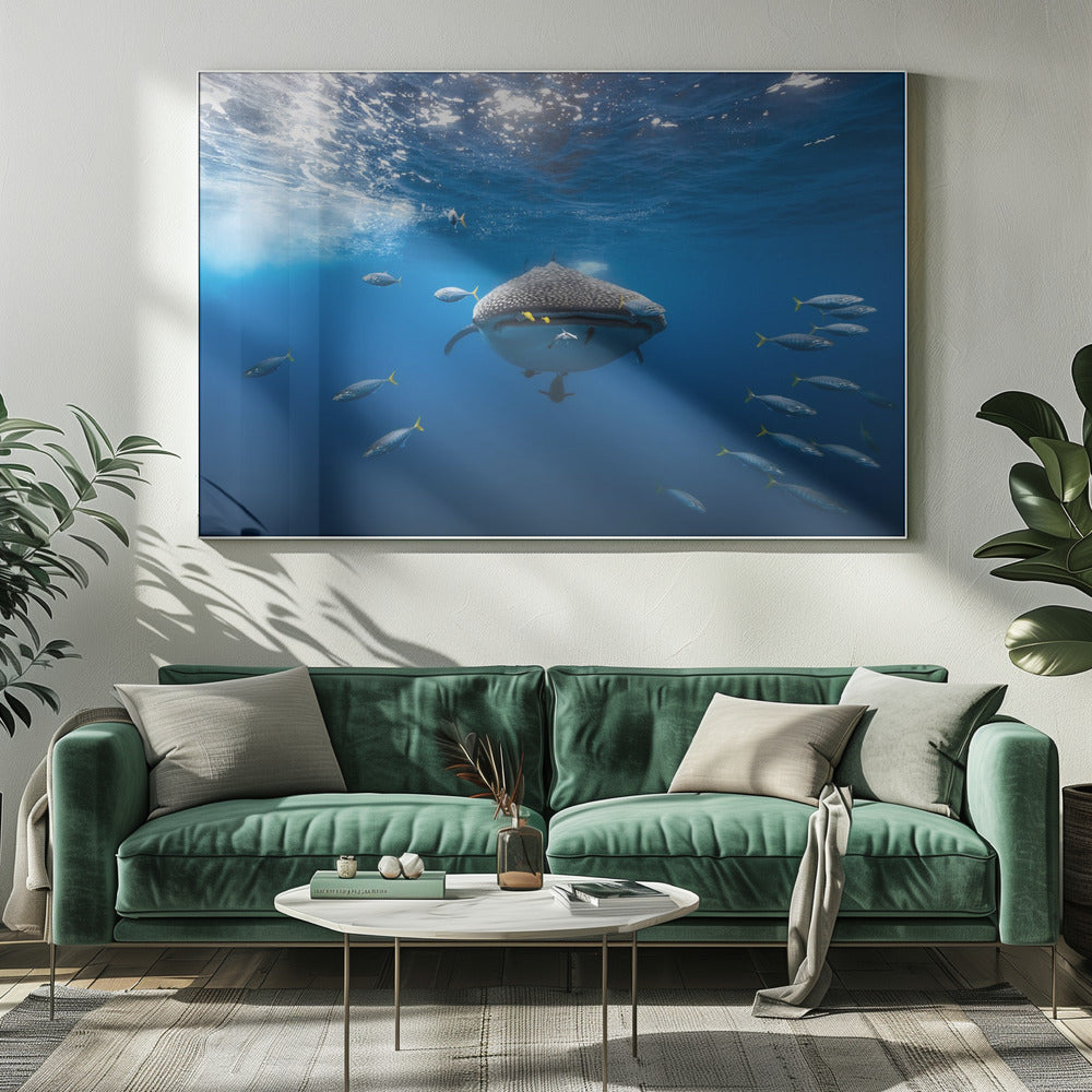 Whale shark escorted by a school of bonito Poster