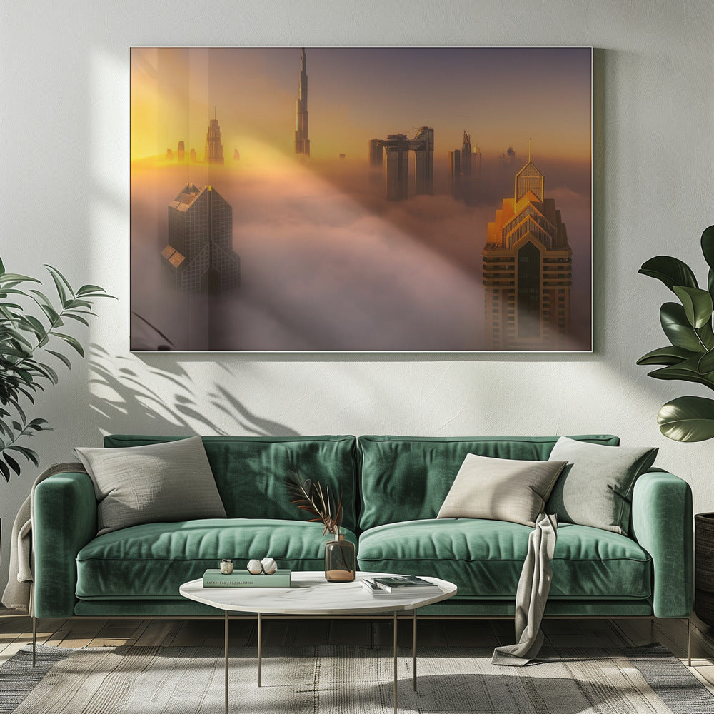 Dubai foggy sunrise in the city A738873 Poster