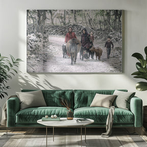 Tajik women and livestock on the way from pastures Poster