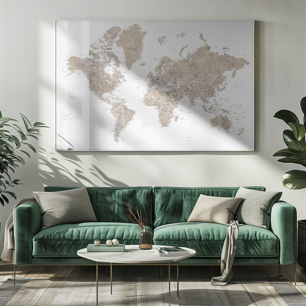 Detailed world map with cities, Abey Poster