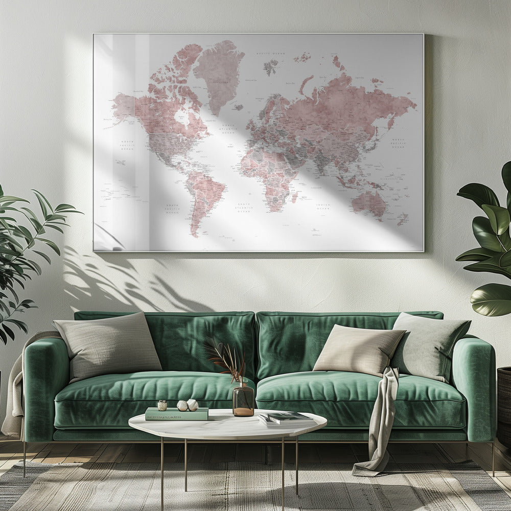 Detailed world map with cities, Piper Poster