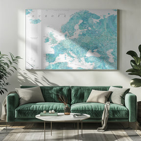 Aquamarine detailed map of Europe Poster