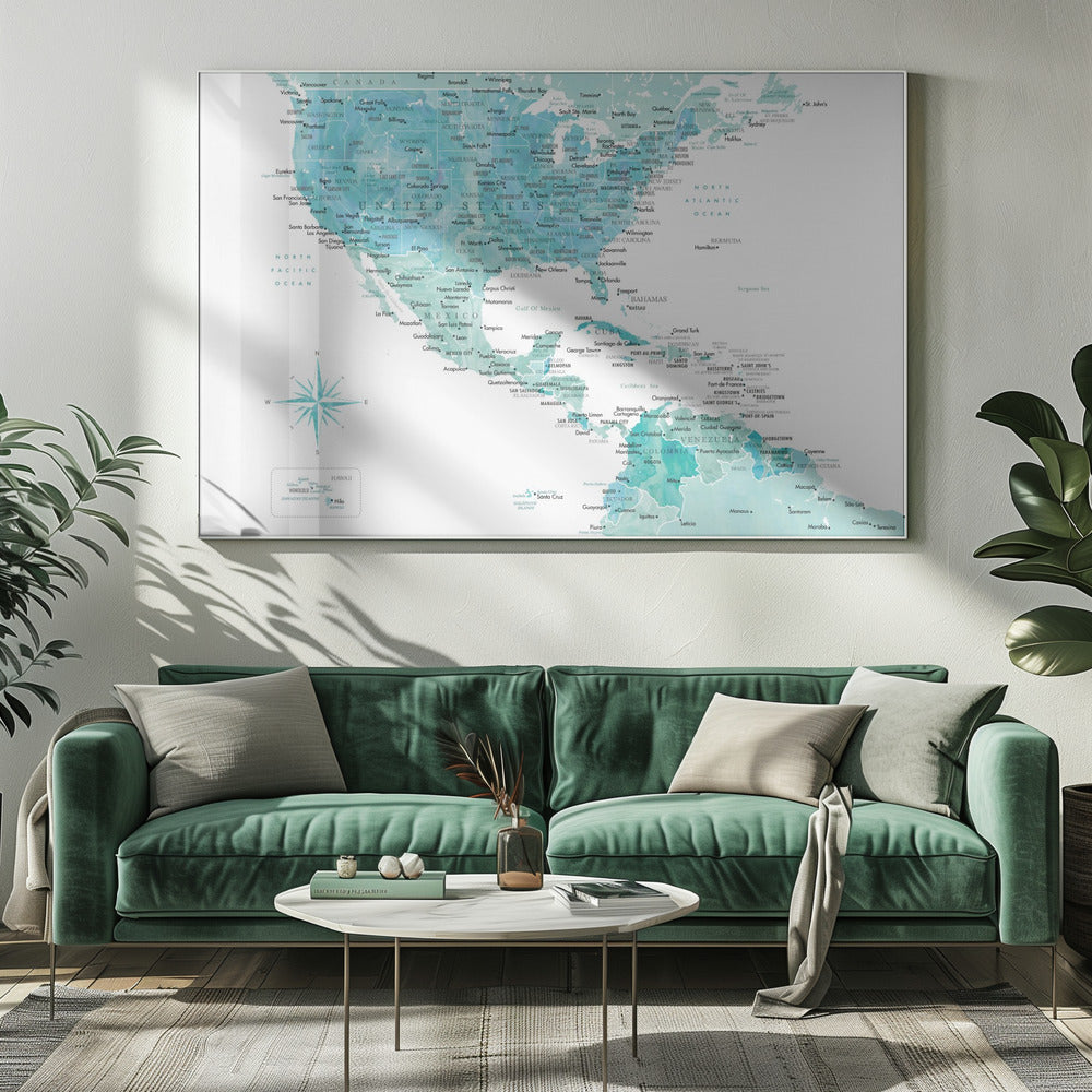 Aquamarine map of USA and Mexico Poster