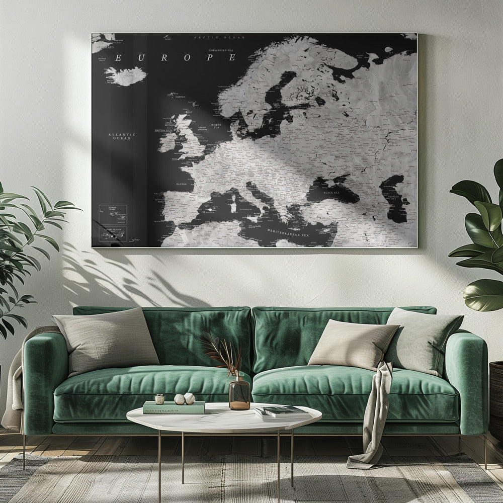 Black and grey detailed map of Europe Poster