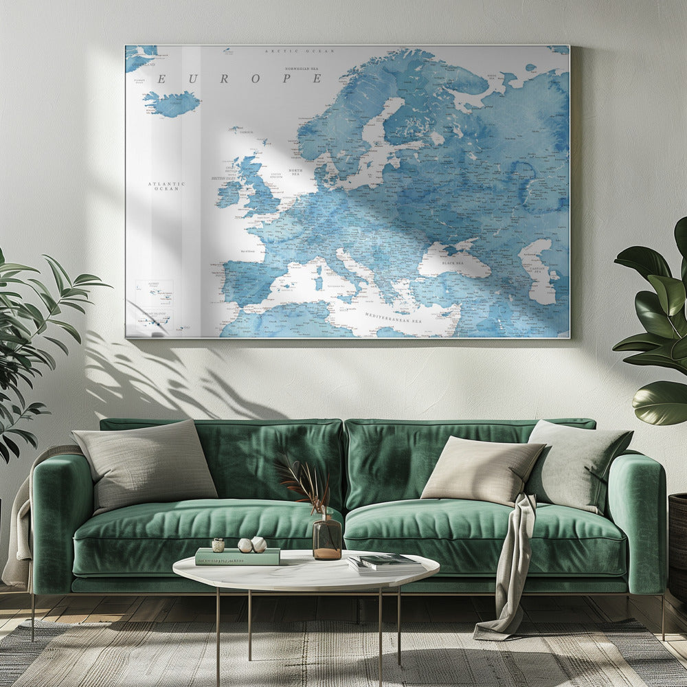 Blue detailed map of Europe Poster