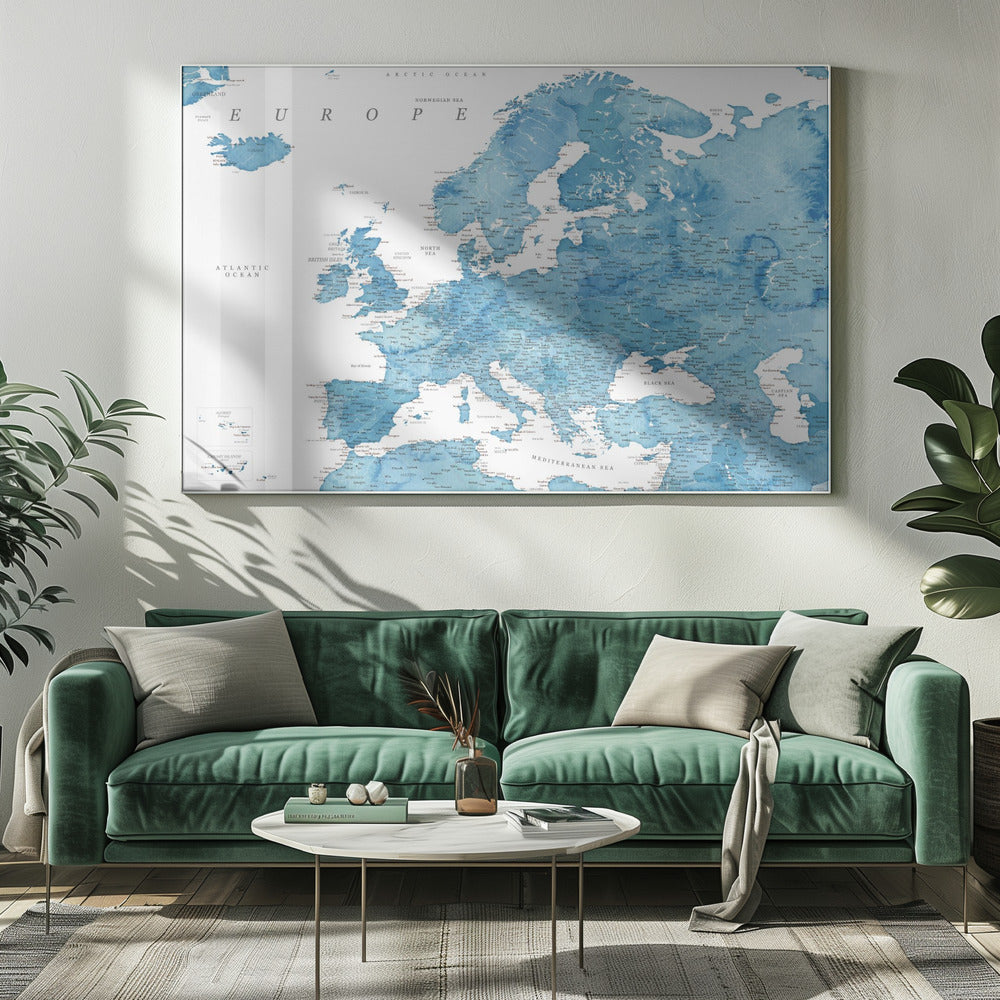 Blue detailed map of Europe Poster