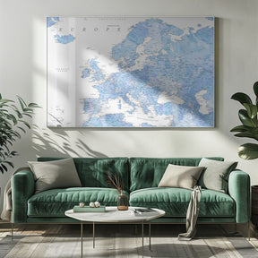 Light blue watercolor detailed map of Europe Poster