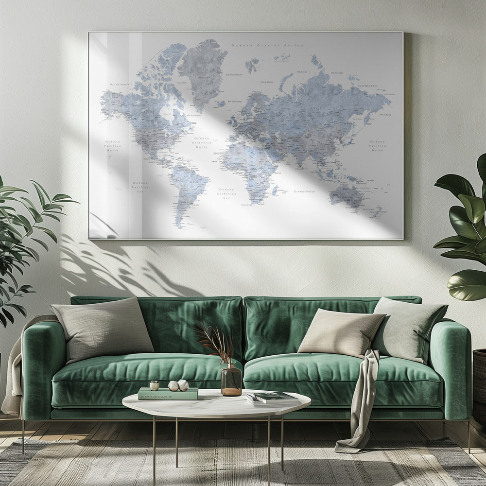 Blue world map in Spanish Poster