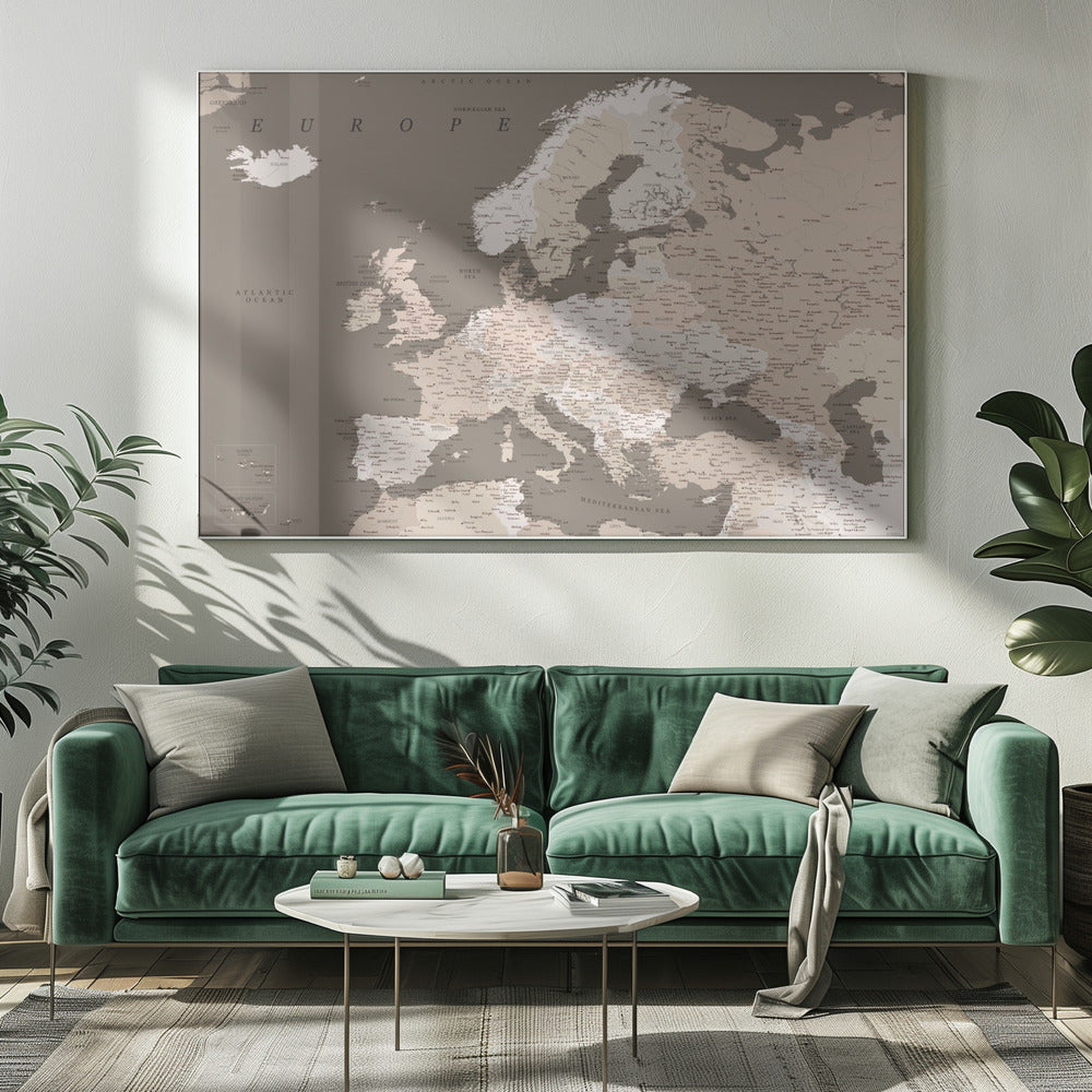 Earth tones detailed map of Europe Poster