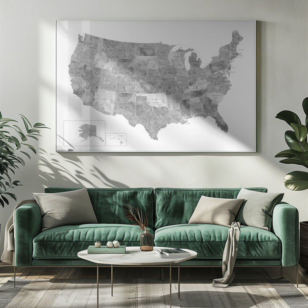 Gray watercolor map of the US Poster