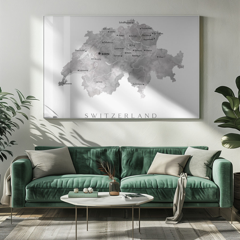 Gray watercolor map of Switzerland Poster