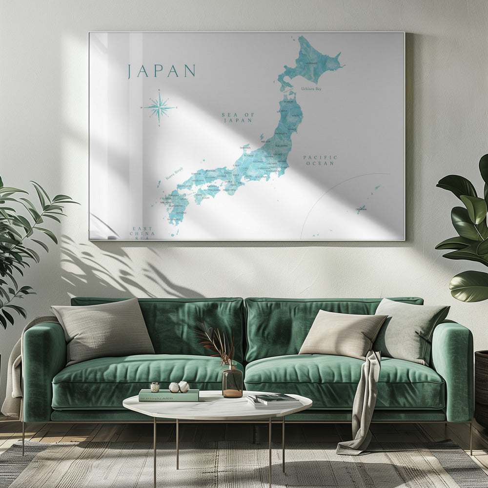 Aquamarine watercolor Japan map Poster