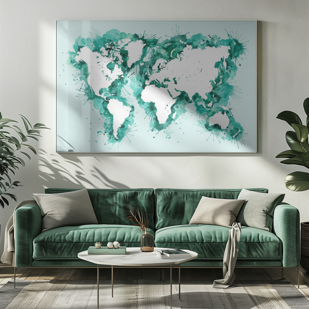 Teal strokes world map Poster