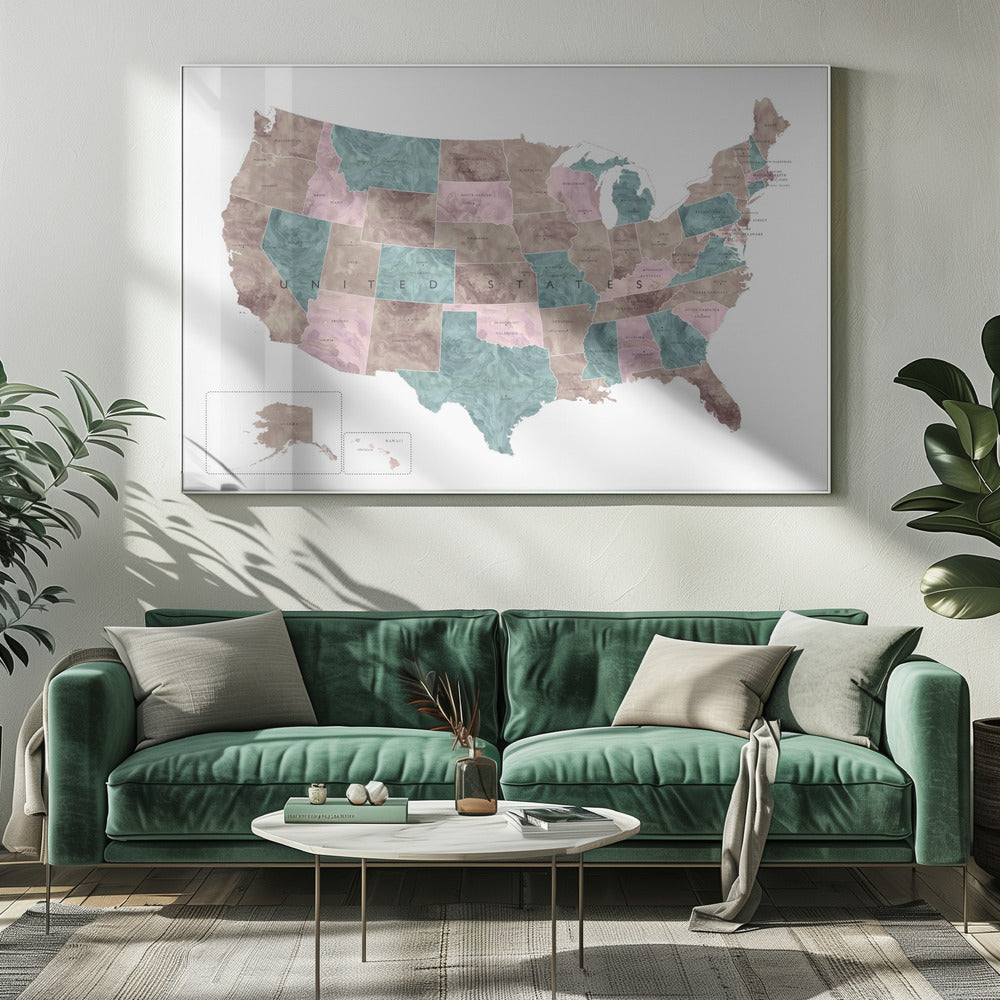 Pink and teal watercolor map of the US Poster