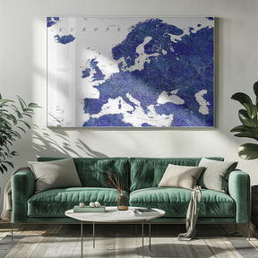 Navy blue detailed map of Europe Poster