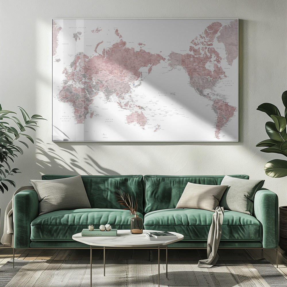 Pacific centered world map in dusty pink Poster