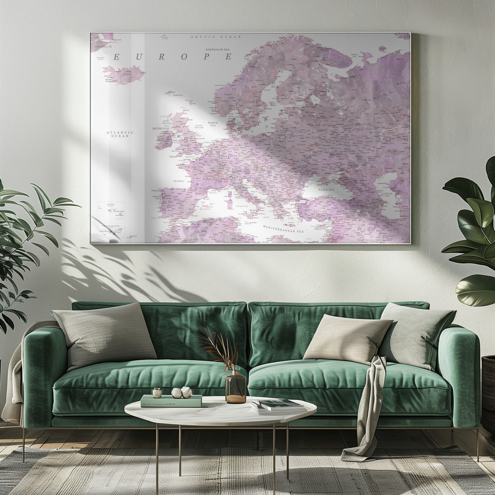 Purple detailed map of Europe Poster