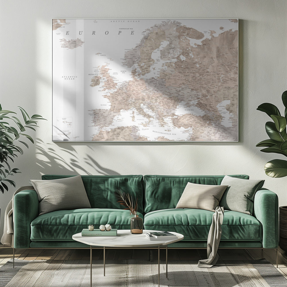 Taupe detailed map of Europe Poster