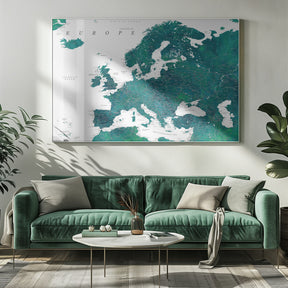 Teal detailed map of Europe Poster