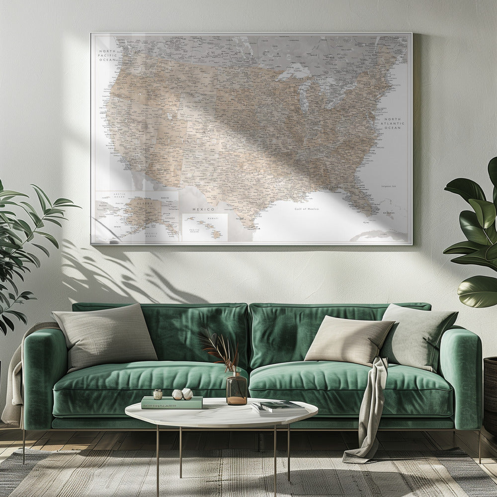 Highly detailed map of the United States Abey Poster