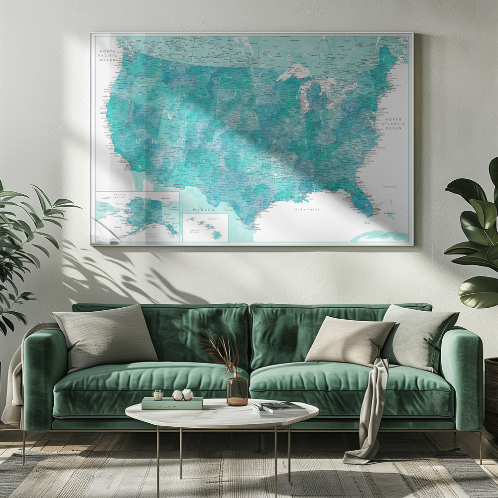 Highly detailed map of the United States, Caribbean waters Poster