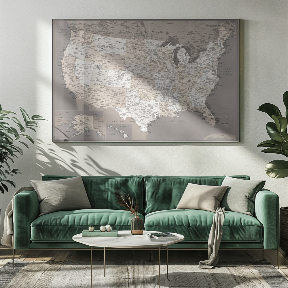 Highly detailed map of the United States, dark taupe Poster