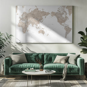 Pacific-centered world map with cities, Abey Poster