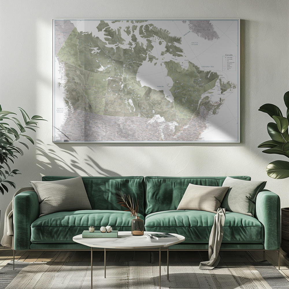 Detailed map of Canada in green watercolor, Helo Poster