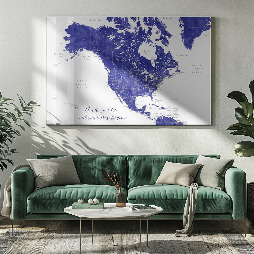 Adventure map of North America in cobalt blue Poster