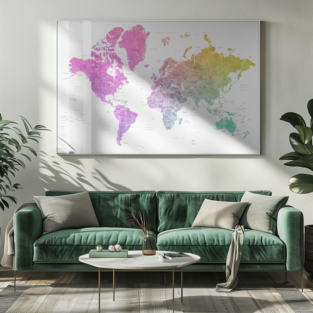 Watercolor world map with countries, Leo Poster