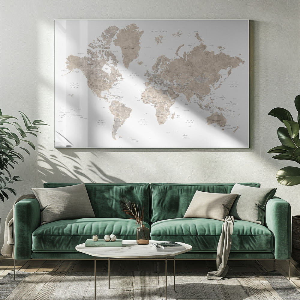 Watercolor world map with countries, Abey Poster