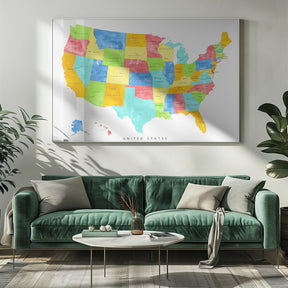 Colorful map of the United States with States and State capitals Poster